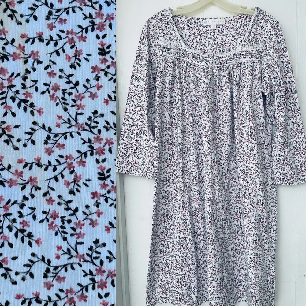 Eileen West Flannel White with Pink Black Floral Nightgown Cottagecore Medium
